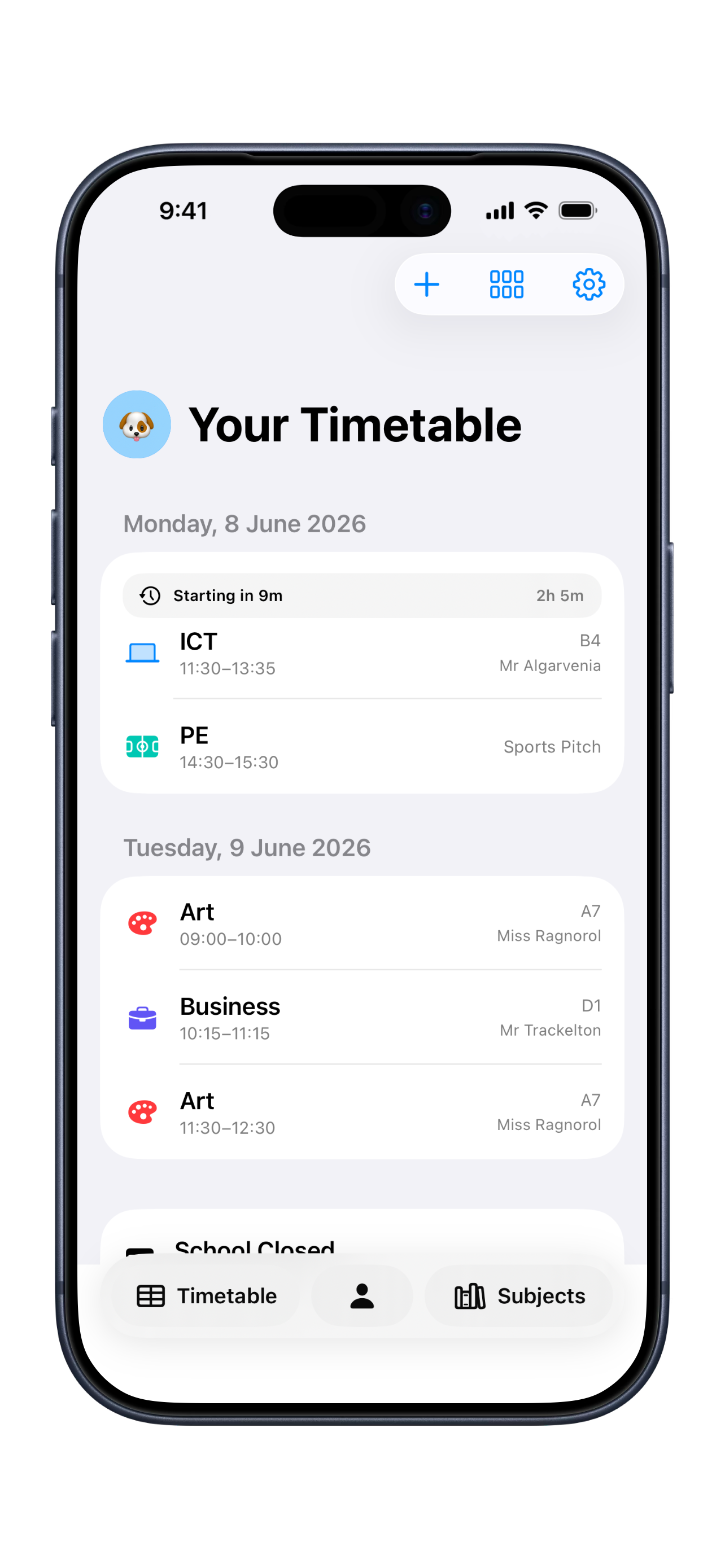 ClassConnect S iPhone timetable view.