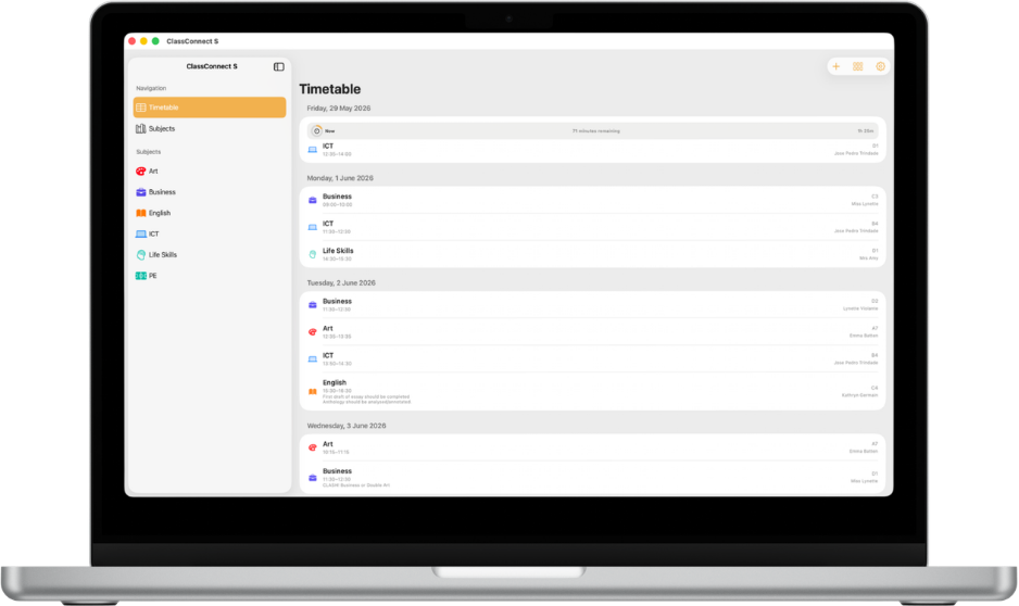 ClassConnect S on Mac showing a school timetable preview.