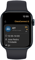 ClassConnect S on Apple Watch showing the next ICT lesson and time remaining.