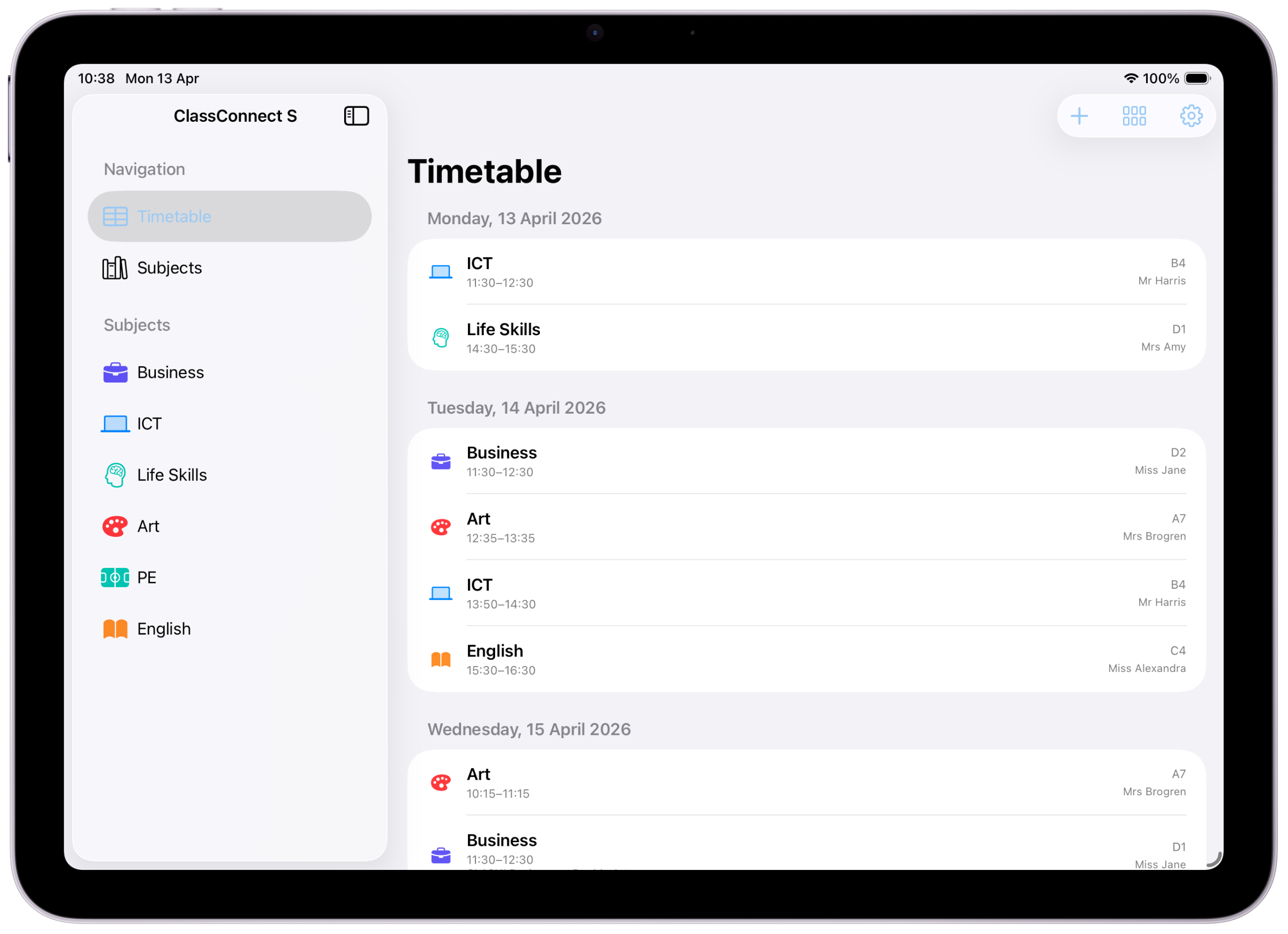 ClassConnect S on iPad showing a timetable sidebar and weekly lesson list.