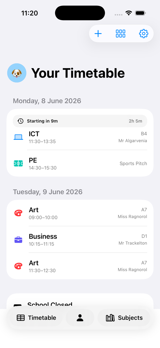 ClassConnect S iPhone timetable screen showing upcoming lessons and bottom navigation.