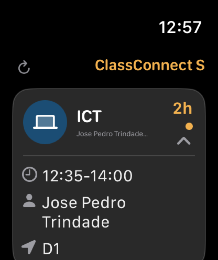 ClassConnect S Apple Watch timetable view showing the next lesson.
